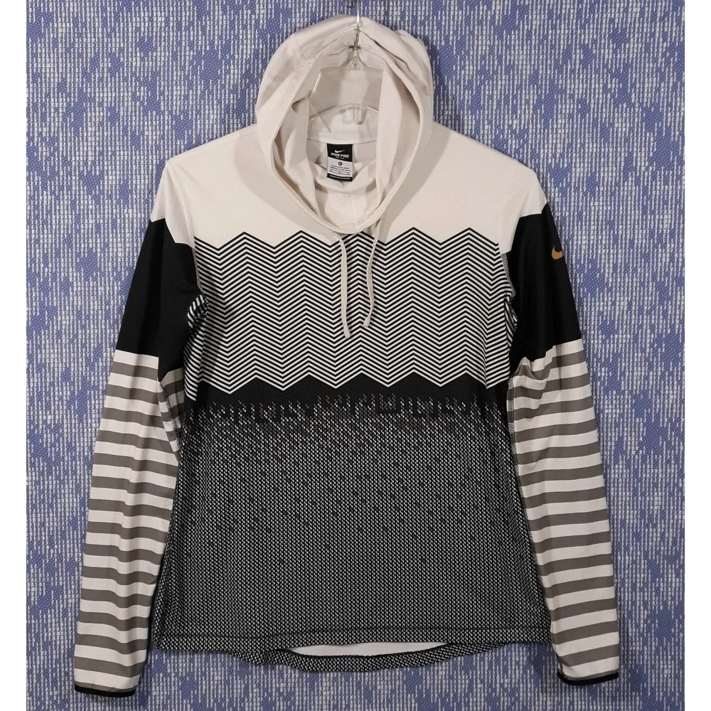 Nike Pro Hoodie Womens Size XL Black White Geometric Athletic Dri-Fit